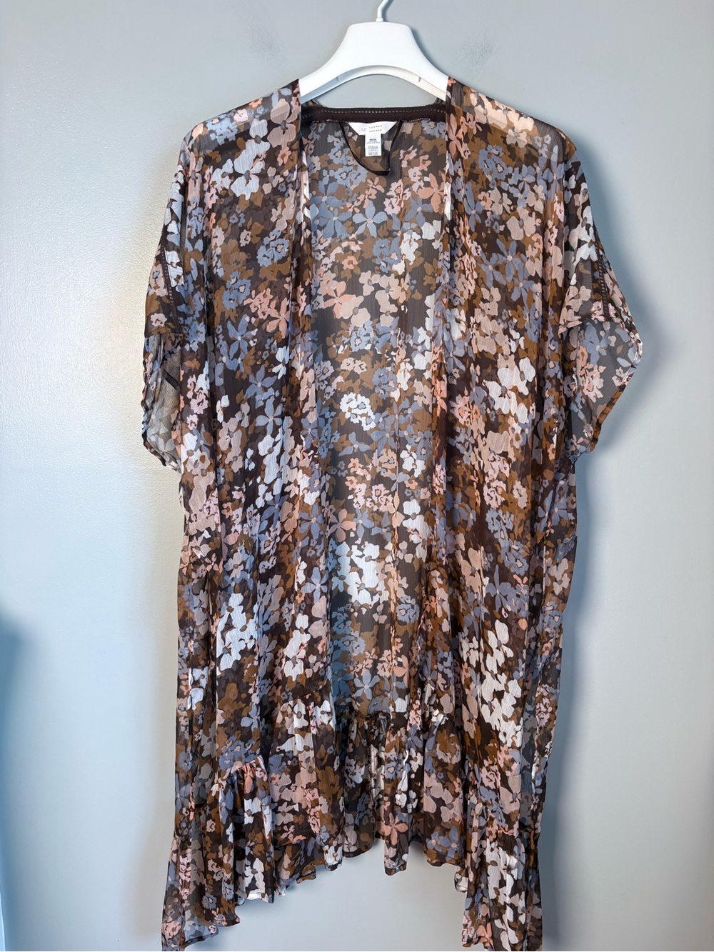 LC Lauren Conrad Womens OS Brown Floral Sheer Chiffon Ruffle Kimono Cover Up